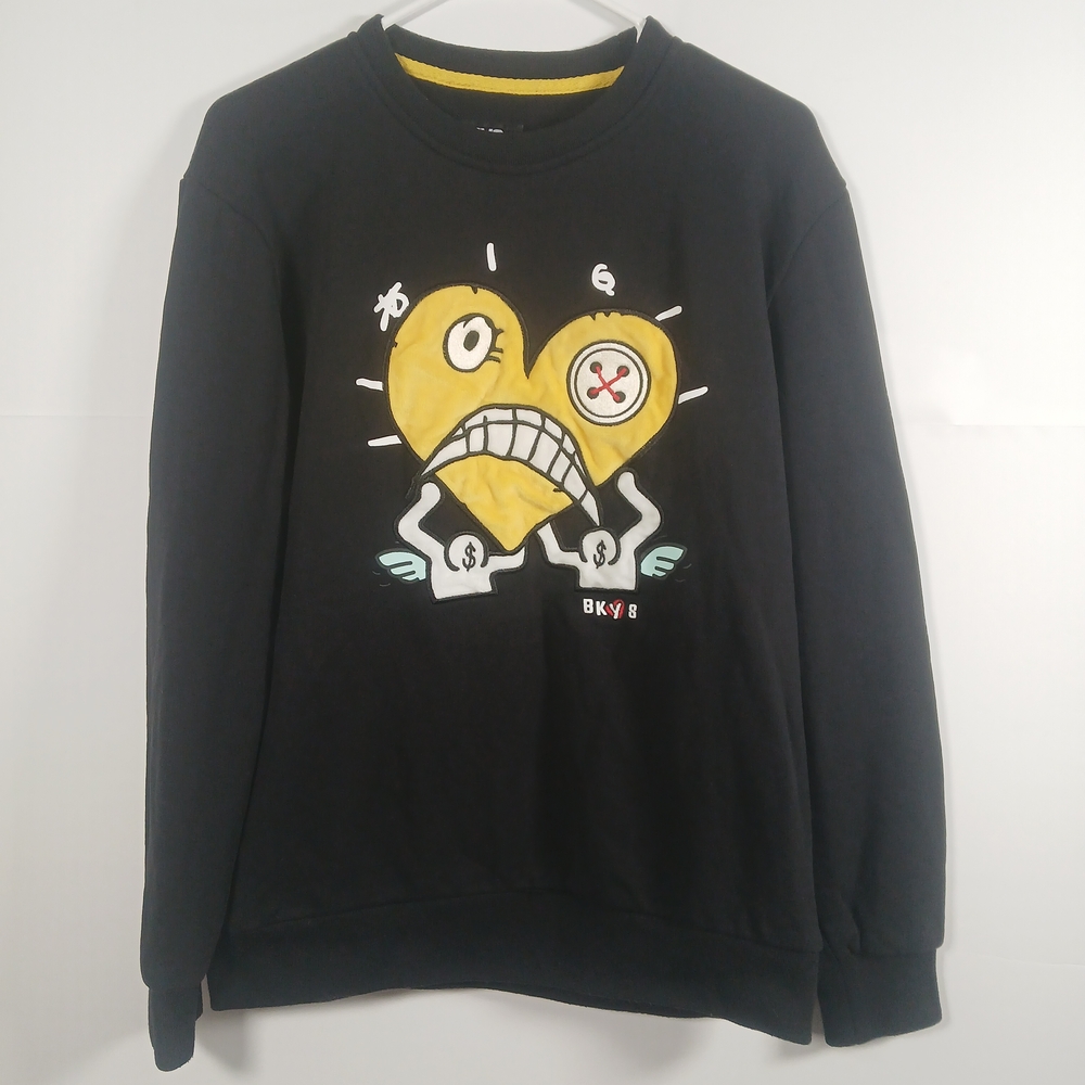 BKYS Crewneck Sweater Medium with Yellow Heart Design Embroidered Minor Flaw